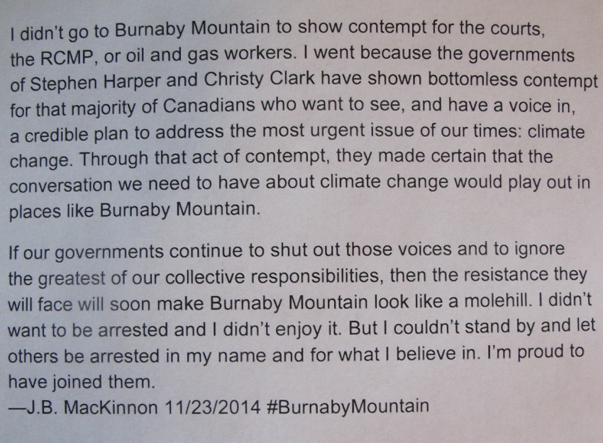 J.B. MacKinnon's statement on Burnaby Mountain arrest protesting Kinder Morgan