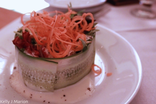 Spring Salad Mix Presented in a Cucumber Ring With Julienne Carrots and a Creamy Lemon Poppy Seed Vinaigrette